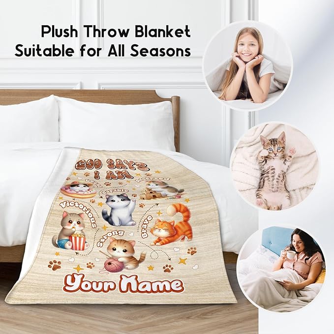 Personalized Cat Blankets with Name, Cat Themed Gifts for Girls & Boys, Animal Print Fleece Throw Blanket, 40"x50"