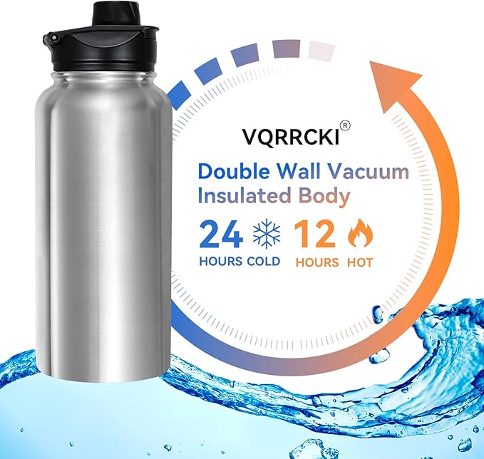 32 oz Insulated Water Bottle Bulk 8 Pack, Stainless Steel Sports Water Bottles with Straw Lid & Wide Mouth Lids, Double Walled Vacuum, Leak Proof, Stainless Steel