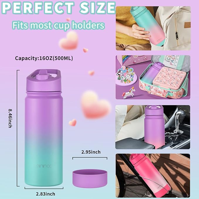 Mininoo Stainless Steel Water Bottle for School, 16oz Insulated Metal Water Bottle with Straw Lid for Girls, Boys (Purple/Sky)