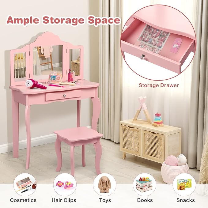 AKUSTIK Kids Vanity, 2 in 1 Wooden Dressing Table and Chair Set with Tri-Folding Mirror, Stool, Storage Drawer, Toddlers Pretend Princess Beauty Playset Toy for Girls