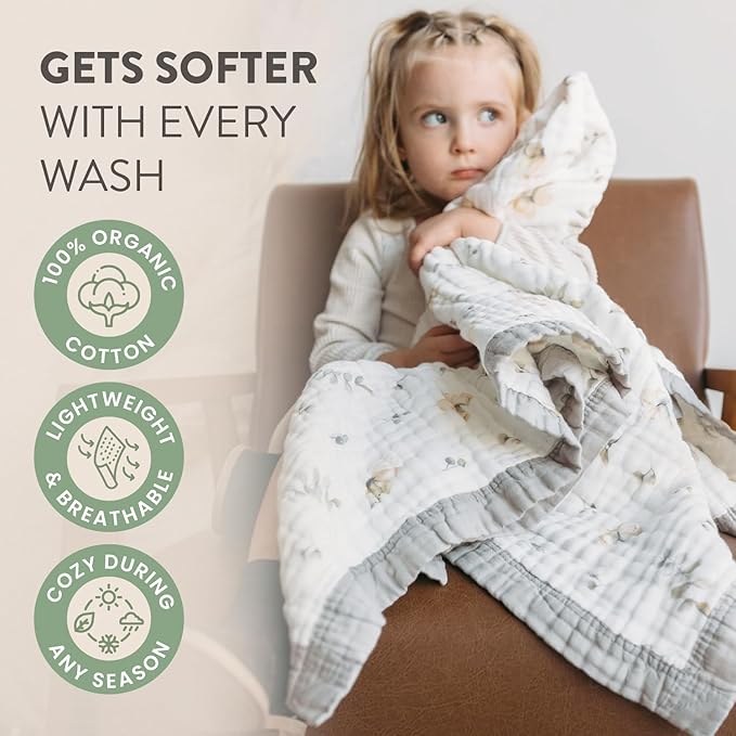 Organic Cotton Muslin Baby Blanket for Boys and Girls - Luxurious Soft Toddler Quilt for Swaddling - Gender Neutral Blanket - Baby and Toddler Gift - Forest Friends