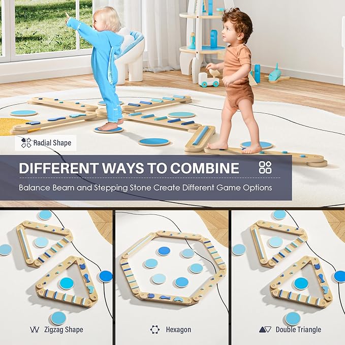BlueWood Balance Beam for Kids 3-5, Toddler Sensory Wooden Toys and Stepping Stones, Build Coordination Gymnastics Obstacle Motor Skill for Kid