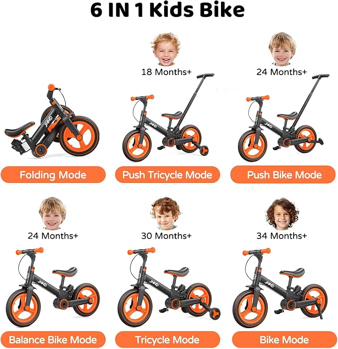 JMMD Toddler Bike with Push Handle for Kids 18-60 Months, 6 in 1 Foldable Push Bike with Training Wheels, Pedals, Brakes, Kickstand, Kid Balance Bike Gift & Toys for Boy & Girl