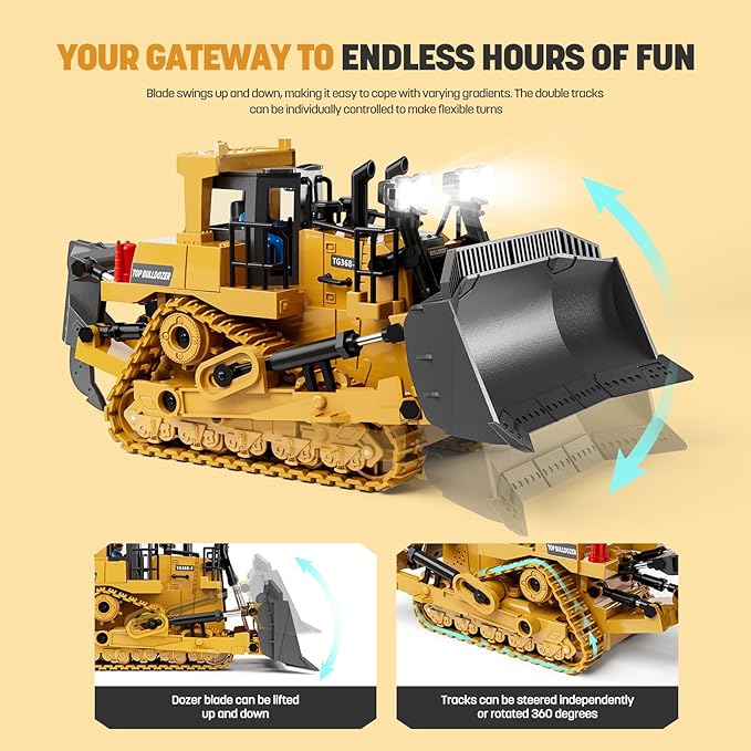9-Channel Metal RC Bulldozer - Realistic Remote Control Kids Construction Play Toys with Lights and Sound, Track Type Tractor Toys for 3+ Boys Grandkids, Perfect 2025 Kids Birthday Gift for Ages 3-12+
