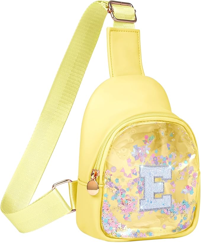 COSHAYSOO Personalized Christmas Birthday Gifts Burr Basket Stuffers for Girls Yellow Purse Sling Bag Crossbody Girl Cute Funny Cool Mini Travel Fashion Accessories Monogrammed Initial Letter E