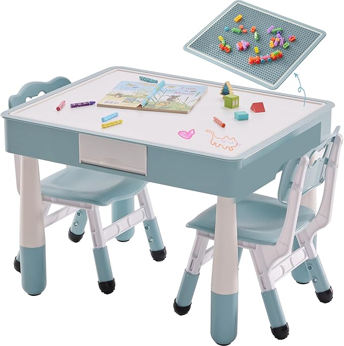 4 in 1 Kids Table and 2 Chairs Set with Storage, Toddler Table and Chair Set for Kids Ages 3-10, Graffiti & Building Blocks Double-Sided Tabletop (Grayish Blue, 2 Chairs)