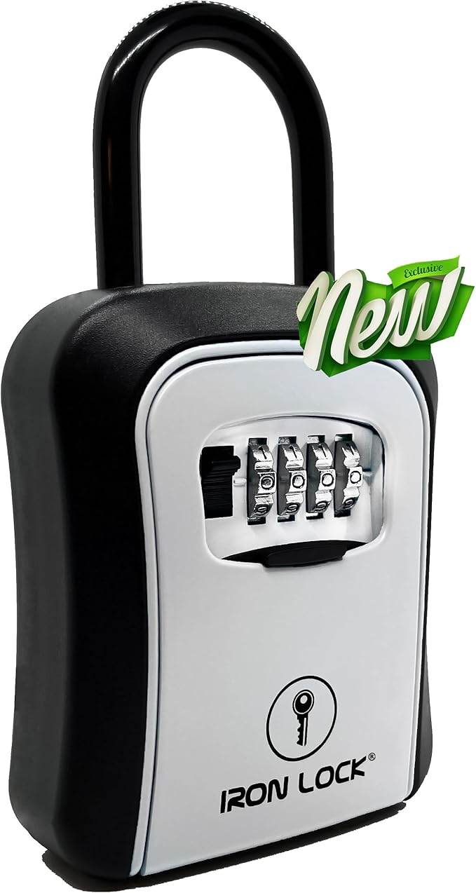Iron Lock® - Portable Key Lock Box and Wall Mounted with Removable Shackle Indoor Outdoor Waterproof 4 Digit Combination with Resettable Code with A B Switch Key Lockbox for Outside (Medium, Grey)