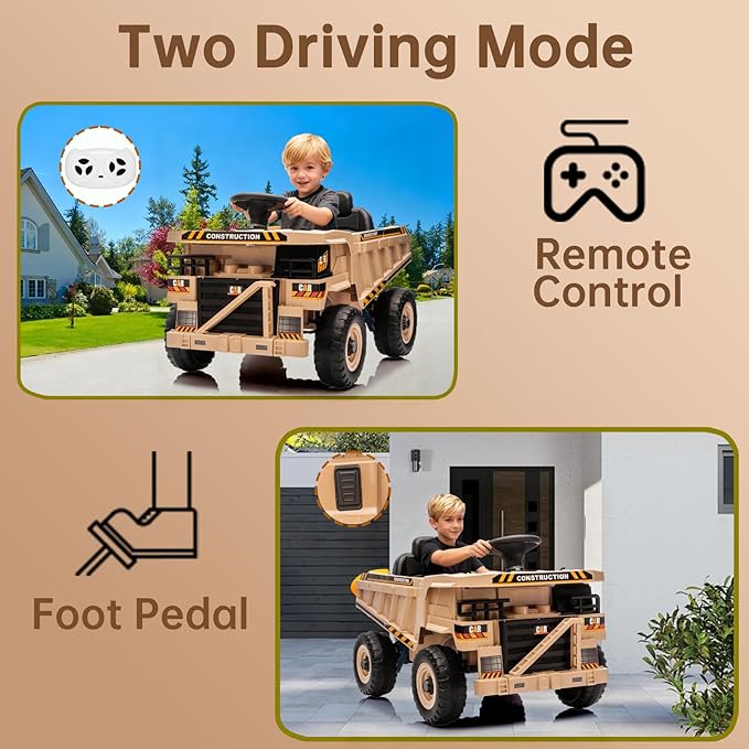 12V Ride On Construction Truck, Battery Powered Ride On Car with Remote Control, Kids Electric Vehicle with Shovel, Speaker, Khaki