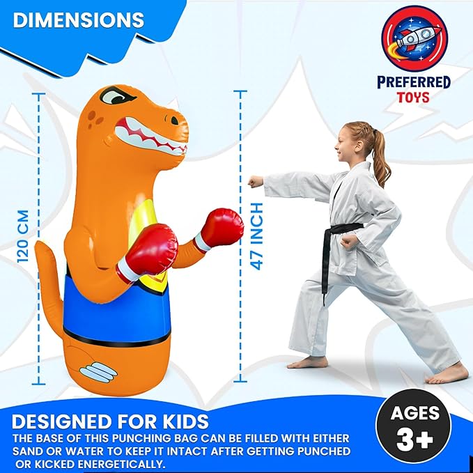 Inflatable Dinosaur Punching Bag for Kids – Bop Bag for Toddlers and Children Ages 3-14 – 47" Blow Up Toy with Bounce-Back Action – Fill Base with Sand or Water