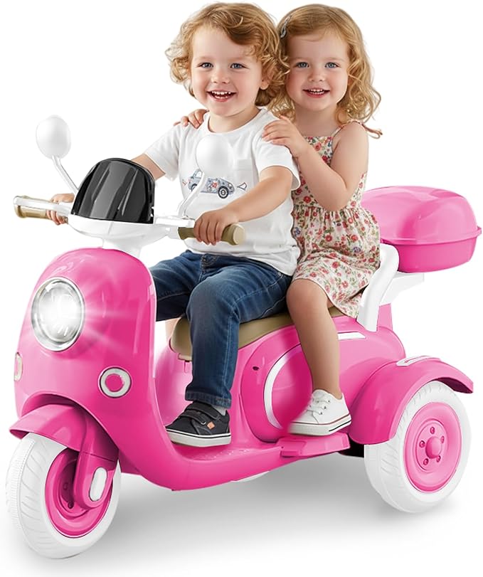 HEIMILI Kids Electric Motorcycle,Electric Scooter for 3 Year Old, Girls Toy, 3-Wheel 12V Ride On Scooter for Kids with Storage Compartments, Motorcycle for Girls (Rose)