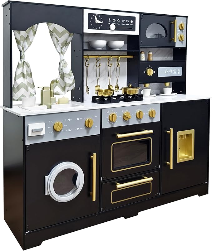 Wooden Play Kitchen with Ice Maker, Water Dispenser and Coffee Maker;Large Toddler Kitchen Playset with Washing Machine,Sink and Stove;Premium Gifts for 3+Years Boys Grils Kids