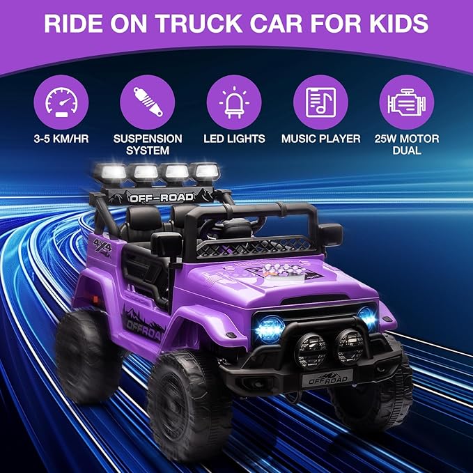 Ride On Truck Car 12V, Electric Vehicle w/Remote Control, 3 Speeds, LED Lights, Music, Spring Suspension, Ride on Car for Kids