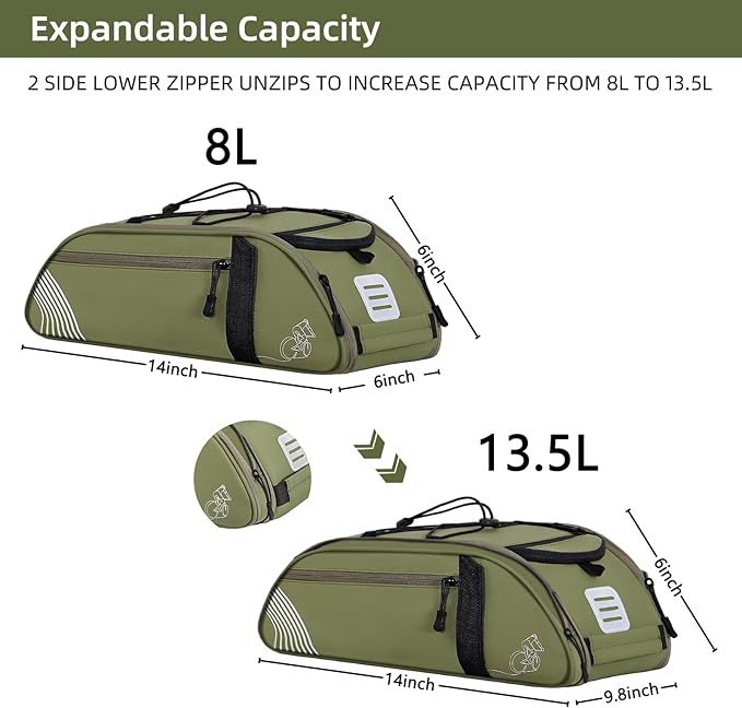Rear Bike Rack Bag Waterproof Bike Bags with Reflector, Rain Cover & Shoulder Strap for Commuter Travel Outdoor, Green