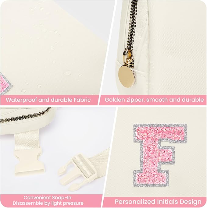 Bridesmaid Gifts Wedding Day, Bridesmaid Proposal Gift, Maid of Honor Gifts, Bachelorette Party Decorations Favors, Initial Fanny Pack Belt Bag Crossbody Bag with with Adjustable Strap (Cream, F)