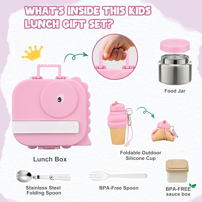 Dinosaur Lunch Box for Kids with Secret Compartment | 4 Compartments Bento Box + 12oz Insulated Food Jar | Leak-Proof Sauce Cup & Collapsible Spoon | BPA-Free, Dishwasher Safe(Grey+Grey Jar)