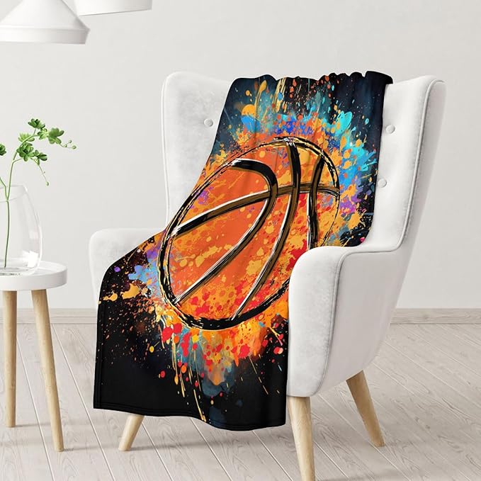 Blanket for Boys Men- Basketball Throw Blanket Gift for Basketball Lover - 80x60 Inches Sports Blankets for Kids Teens Adults - Black Soft Fuzzy Basketball Stuff for Couch Sofa Bed