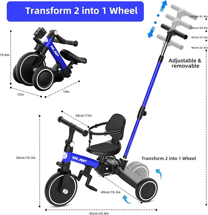 Glaf Tricycle for Toddlers 1-3 Toddler Bike Tricycles with Push Handle 2-4 Years Baby Bike Boys and Girls Balance Bike Birthday Toys with Removable Pedals Adjustable Seat Height and Backrest (Blue)