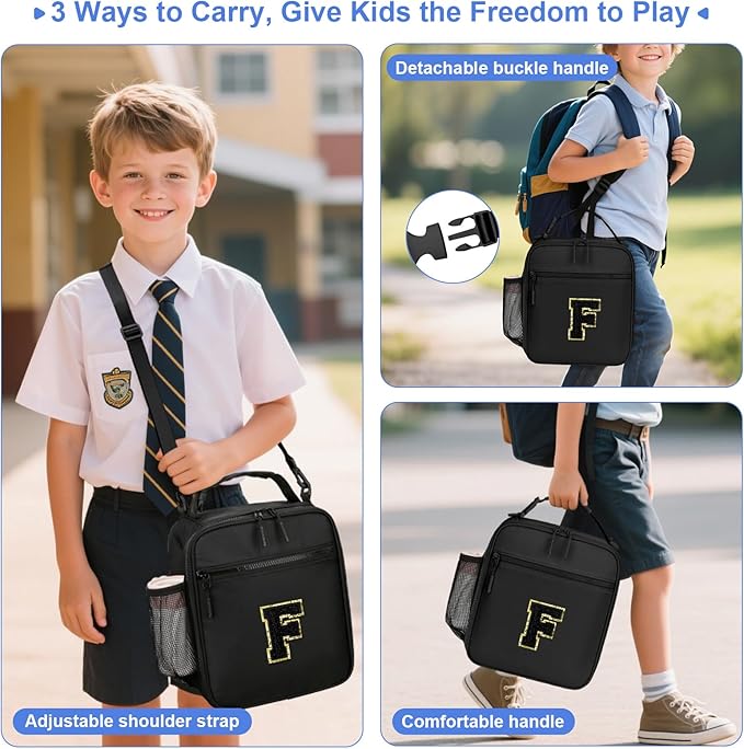 Initial Insulated Lunch Bag for Boys Kids, Back to School Gift, Reusable Leak-proof Lunch Box with Adjustable Strap for School Daycare Travel Picnic（Black，F）