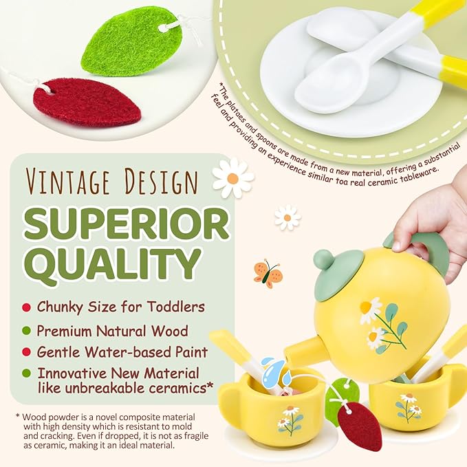 Wooden Tea Sets for Little Girls 1-3 Play Food Cake Toys Toddlers 3-5 Kitchen Accessories Pretend Play Princess Playset for 2 3 4 5 6 Year Old Girl Boy Party Birthday Gift