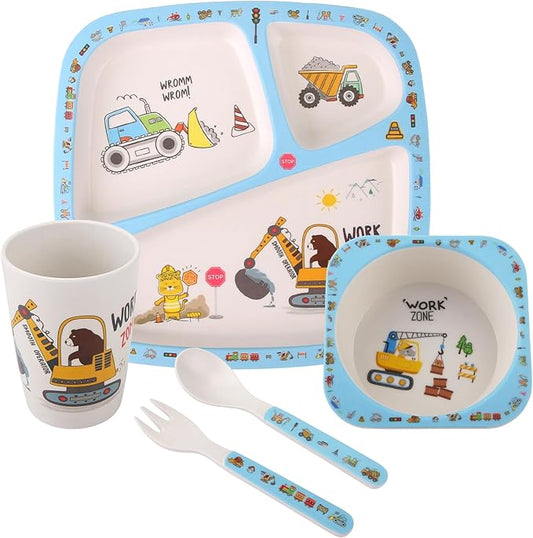 Kids Tableware Set 5 Pcs, Feeding Dinnerware Set for Toddlers Includes Plate Bowl Cup Fork and Spoon Utensil Flatware, Kids Feeding Set Dishwasher Safe, BPA Free (Constructions)