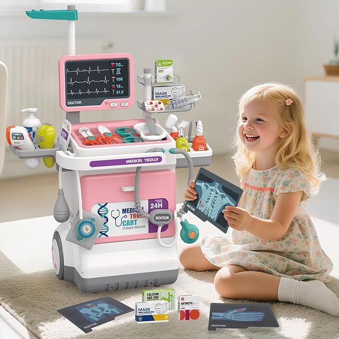 Doctor Kit for Kids Pretend Medical Station Set for Boys & Girls Mobile Cart with Kids Play Set for Ages 3 and Up Children Role Play Educational Toys (Pink)