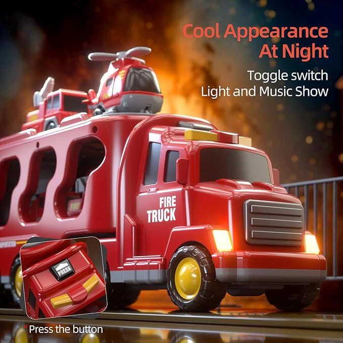 5 in 1 Fire Truck Cars for Toddlers 3-5, Boy Car Truck Toys with Light Sound, Birthday Gifts for 3 4 5 6 Year Old Boy