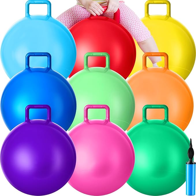 Meooeck 9 Pcs Hopper Ball 18 Inch Jumping Hopping Outdoor Bouncy Ball with Handles and Air Pump for Sports School Games Exercise(Multicolor)