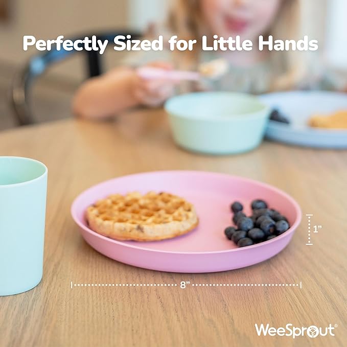 WeeSprout Bamboo Plates, Set of 4, Kid-Sized Dinnerware, Dishwasher Safe Melamine Dishware (Pastel Blue, Mint, Purple & Pink, Without Lids)