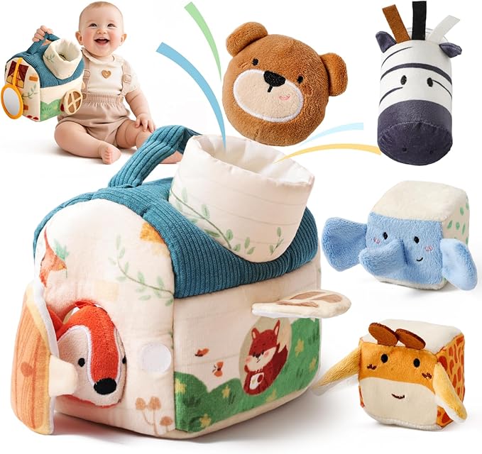 Youuys Travel Sensory Toys for Babies 6-12 Months & Toddlers 1-3 Year Old On-The-Go Montessori Soft Stuffed Animal Set with Crinkle, Rattle, Safe Mirror Educational for Kids Boy Girl