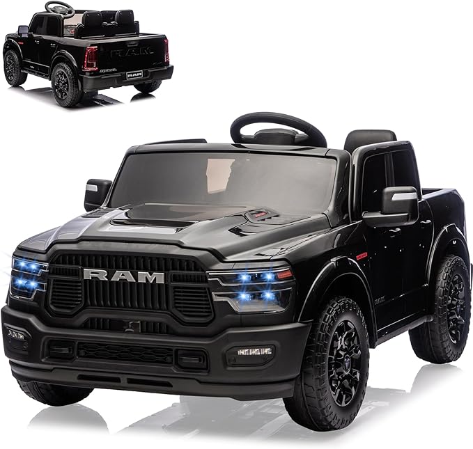 24V Ride on Car Licensed RAM 2500, 2 Seater Ride on Car for Kids w/Remote Control, Toddler Electric Car w/Truck Bed, 3 Speed, LED Lights, Bluetooth, Suspension, Gifts for Boys Girls, Black