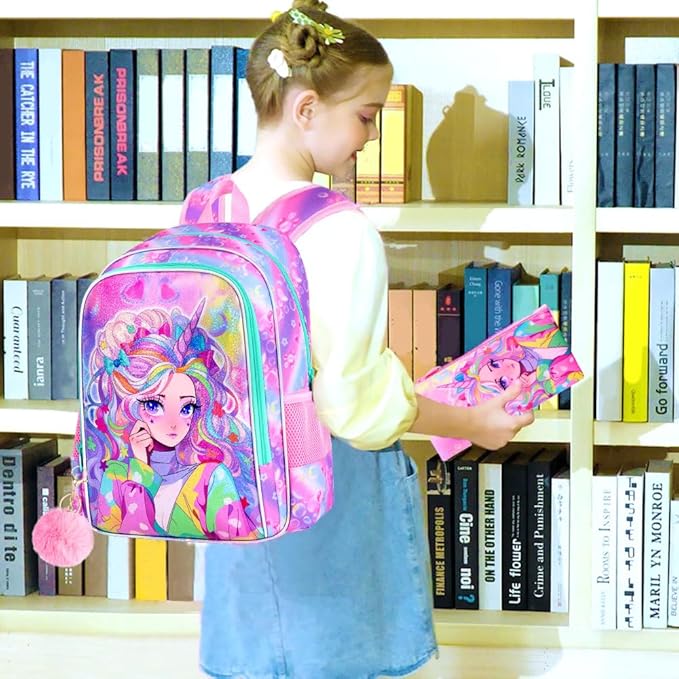 CCJPX 3PCS Backpack for Girls, 16" Unicorn Water Resistant Preschool Bookbag with Lunch Box, Kids Princess School Bags for Elementary Kindergarten Toddler