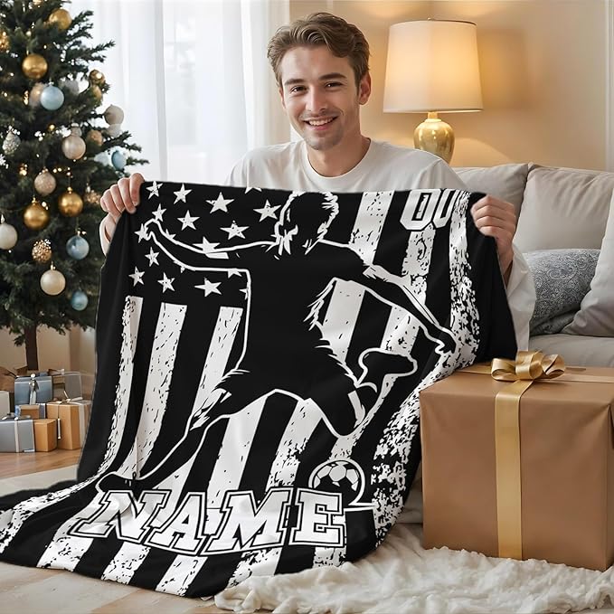Soccer Throw Blankets for Kids Boys Teens 8-12, Personalized 60x50 Inches Plush Comfy Soft Custom Sports Throws Decor for Couch Bed Home Gifts Ideas