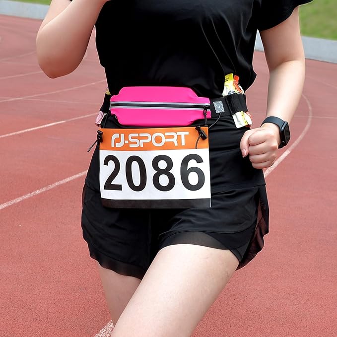 RJ-Sport Triathlon Belt with Pouch - Race Number Bib Holder with 6 Gel Loops, Ideal for Running, Cycling & Marathon (Hot Pink)