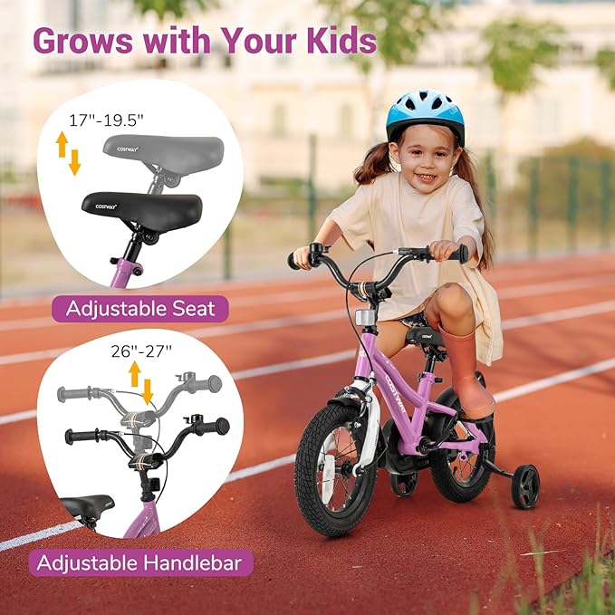 COSTWAY 12/14/16/18 Inch Kids Bike, Children Toddler Bicycle with Training Wheels, Adjustable Seat & Handlebar, Handbrake & Coaster Brake, Reflectors, Bell, Suitable for 3-8 Years Old Boys Girls