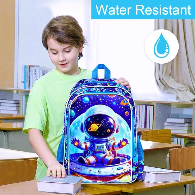 3Pcs Space Backpack for Boy, 16" Astronaut Bookbag for Elementary Preschool Kindergarten, Kids School Backpacks with Lunch Box (Blue)