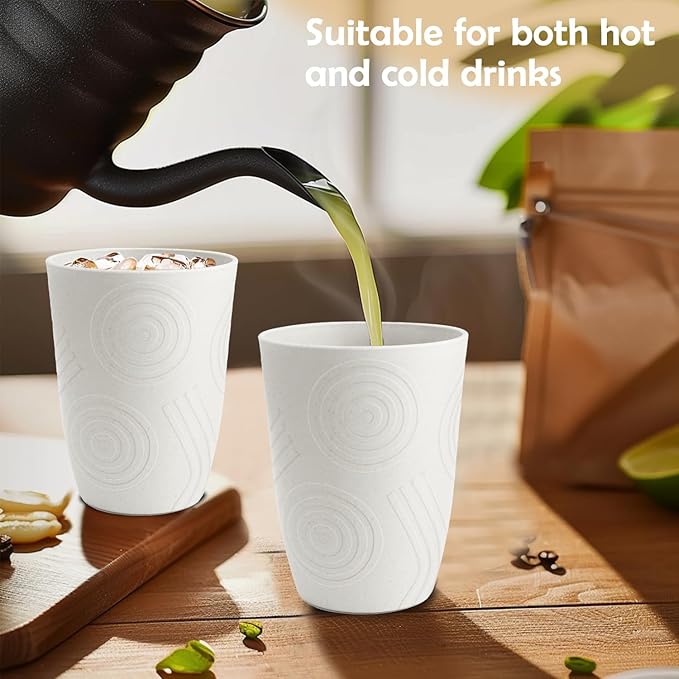 Drinking Glasses - Wheat Straw Cups Unbreakable Plastic Tumbler Set of 6 Alternative to Plastic Glasses Drinking Reusable Drinking Cup Dishwasher Safe Water Glasses Cups 12 OZ - White