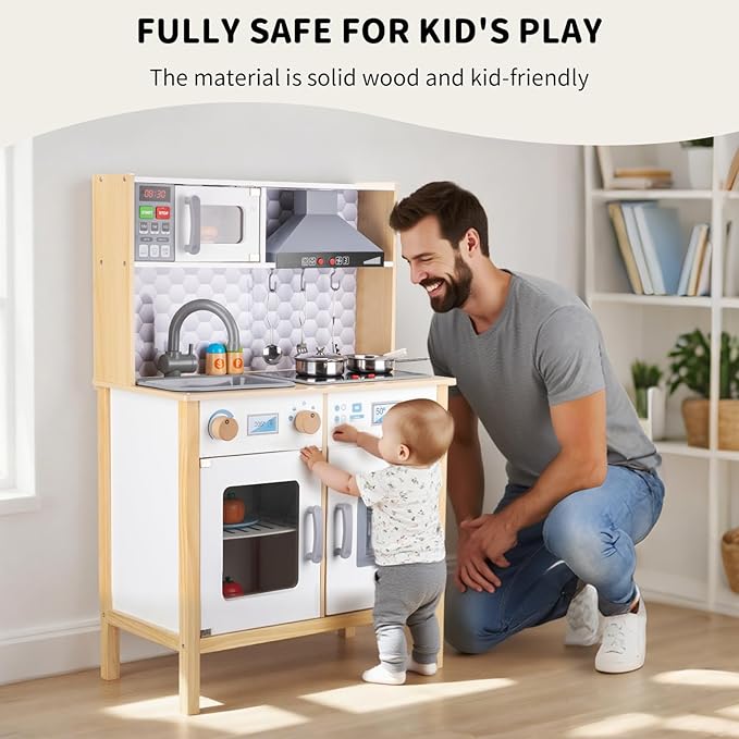 Wooden Play Kitchen for Kids – Pretend Play Kitchen Set with Cooking Accessories, Real Lights & Sounds | Chef Pretend Kitchen Playset for Toddlers, Wooden Kitchen Set with 6 Pcs Toy Food