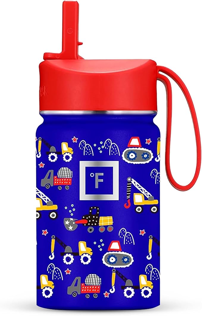 IRON °FLASK Kids Water Bottle - Straw Lid, 20 Name Stickers, Vacuum Insulated Stainless Steel, Double Walled Tumbler Travel Cup, Mug - Construction Zone, 10 Oz