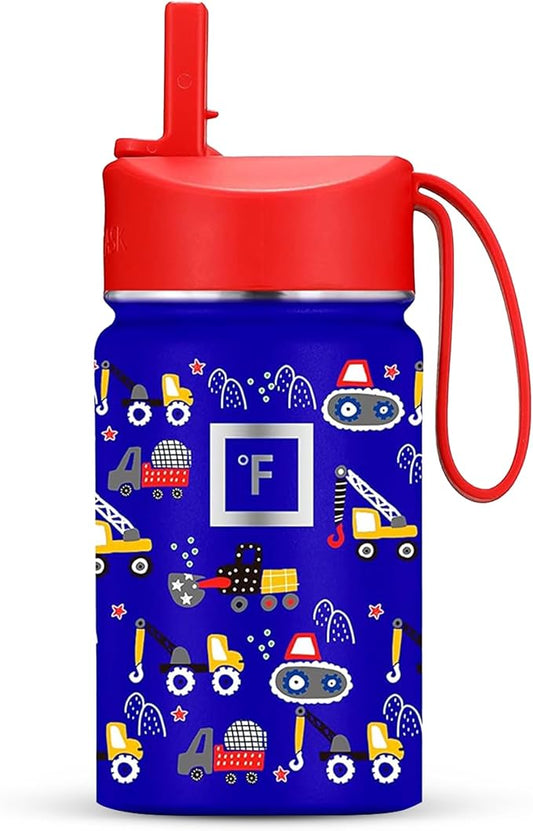 IRON °FLASK Kids Water Bottle - Straw Lid, 20 Name Stickers, Vacuum Insulated Stainless Steel, Double Walled Tumbler Travel Cup, Mug - Construction Zone, 10 Oz