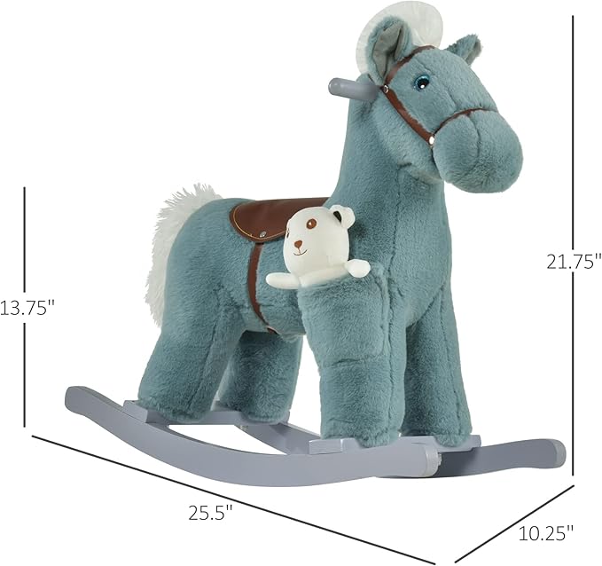 Qaba Kids Plush Ride-On Rocking Horse with Bear Toy, Children Chair with Soft Plush Toy & Fun Realistic Sounds, Blue