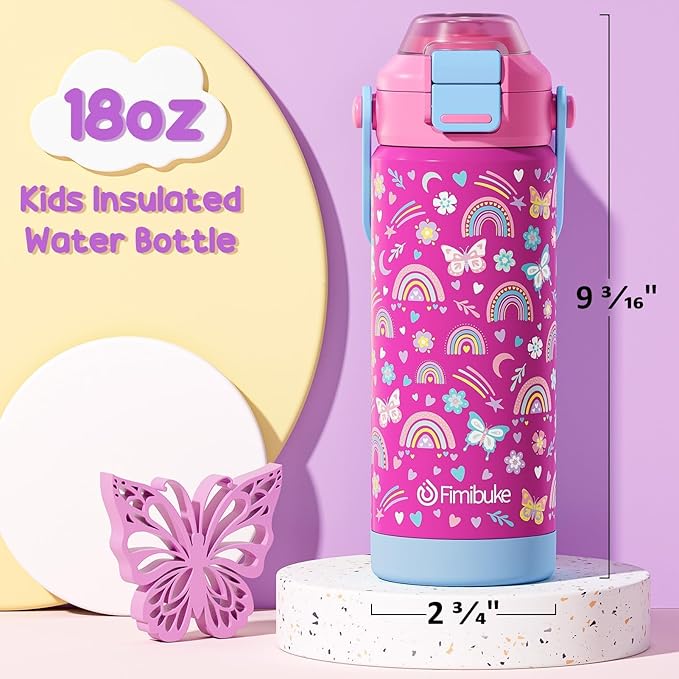 Kids Insulated Water Bottle with Pop-Open Straw & Spout 2-in-1 Lid, 18oz Leak Proof 18/8 Stainless Steel Vacuum Tumbler, BPA-Free Kids Cup For Travel School Boys Girls Toddler, Dinosaur & Monster Car