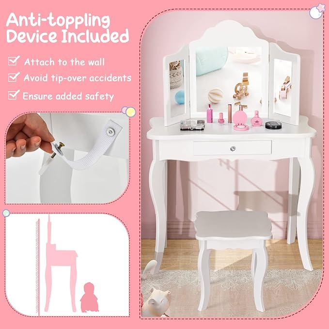 Costzon Kids Wooden Vanity Table & Stool Set, 2 in 1 Detachable Design with Dressing Table and Writing Desk, Princess Makeup Dressing Table with Two 180° Folding Mirror, for Girls, Kids (White)