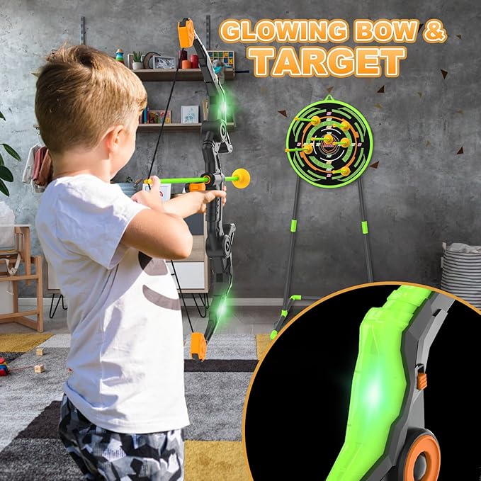 Kids Bow and Arrow Set with LED Flash Lights, 10 Suction Cup Arrows, Quiver and Fluorescence Standing Target-Perfect Indoor and Outdoor Archery Set Toy Gift for Boys and Girls Ages 4-12