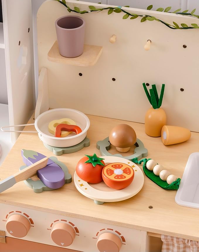 ROBUD Wooden Toy Food Set, Cutting Play Food for Kids Kitchen Accessories Pretend Toy Food Playset with Storage Bag, Toys Gifts for Girls Boys Age 3+, Vegetable Set