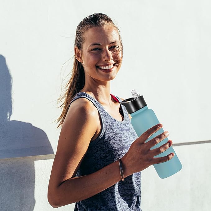 40 oz Insulated Water Bottle with Straw, Stainless Steel Sports Water Bottles with 2 Lids (Straw and Wide Mouth lid), Double Wall Vacuum, Leakproof, BPA-Free, Turquoise Blue