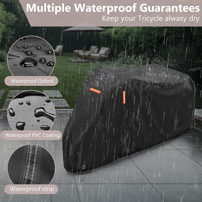 AKEfit Adult Tricycle Cover, Bike Covers Outdoor Storage Waterproof Cover for Electric Trike, With Windproof Buckle and Lock Hole, 75"L x 30"W x 44"H, Black