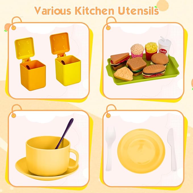118Pcs Mini Play Kitchen Accessories for Kids, Pretend Cooking Playset with Cookware, Tableware & 2 Fruit Sets, Learning Gift for Girls, Boys, Toddlers, Yellow