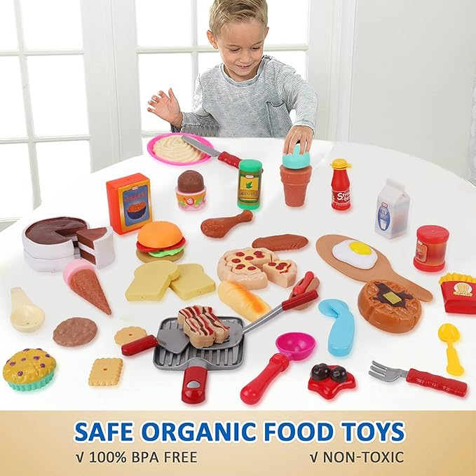 50 PCS Kids Deluxe Pretend Play Food Set with Kitchen Tools, Breakfast, Fast Food, Ice Cream & Desserts - Fun & Interactive Gourmet Toy Assortment Playset for Imaginative Play