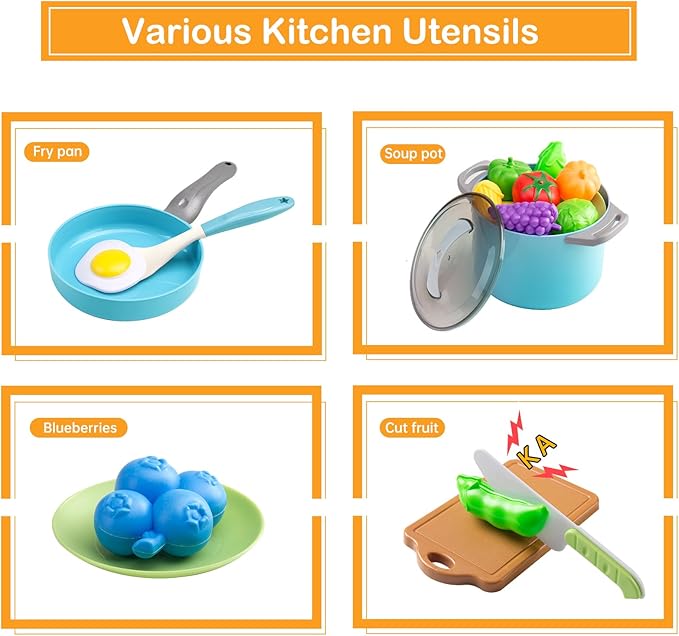 35Pcs Kids Kitchen Toy Accessories, Toddler Pretend Cooking Playset with Play Pots, Pans, Utensils, Cookware, Play Food Set, Toy Vegetables, Learning Gift for Girls & Boys (Turquoise)