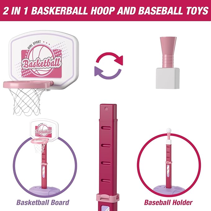 2 in 1 Kids Basketball Hoop and T Ball Set - Adjustable Height, Kids Baseball Tee with Automatic Pitching Machine, Indoor Outdoor Sport Toys Gifts for Toddler Boys Girls Age 1-5, Pink